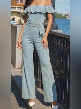 STRETCH DENIM Rhinestone Trim Off Shoulder Ruffle Wide-Leg Jumpsuit - Light Blue